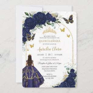 Quinceañera Navy Blue Roses Floral Princess Gold Invitation