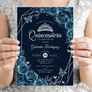 Quinceanera Navy Blue Silver Floral Invitation