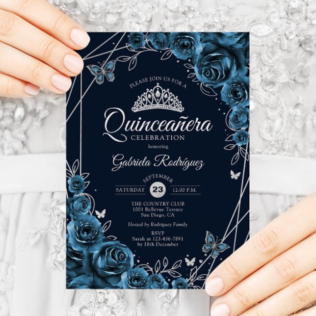 Quinceanera Navy Blue Silver Floral Invitation (Creator Uploaded)
