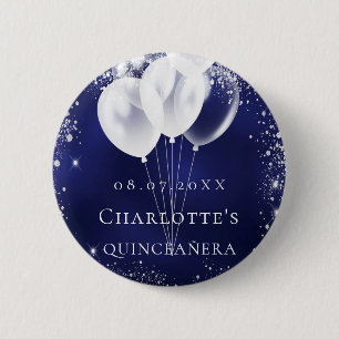 Quinceanera navy blue silver glitter balloons name 6 cm round badge