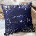Quinceanera navy blue silver glitter dust name cushion<br><div class="desc">A pillow for a Quinceañera,  15th years old girls room. A navy blue background with faux silver glitter dust. The blue colour is uneven. The text: Quinceañera is written in white with a large modern hand lettered style script. Personalise and add a name.</div>