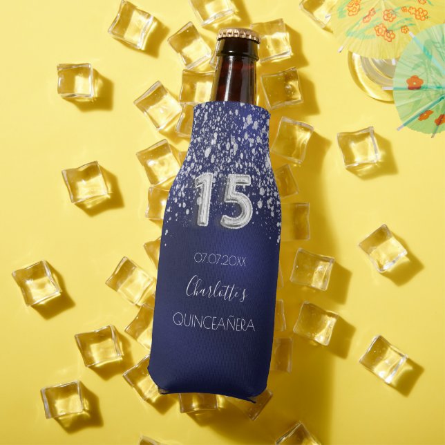 Quinceanera navy blue silver glitter  name bottle cooler (In Situ Summer)