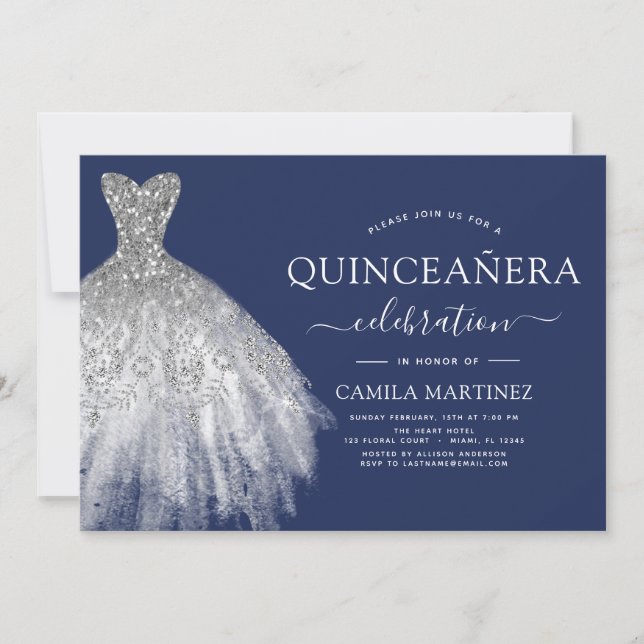 Quinceanera Navy Blue Silver Glitter Sparkle Invitation (Front)