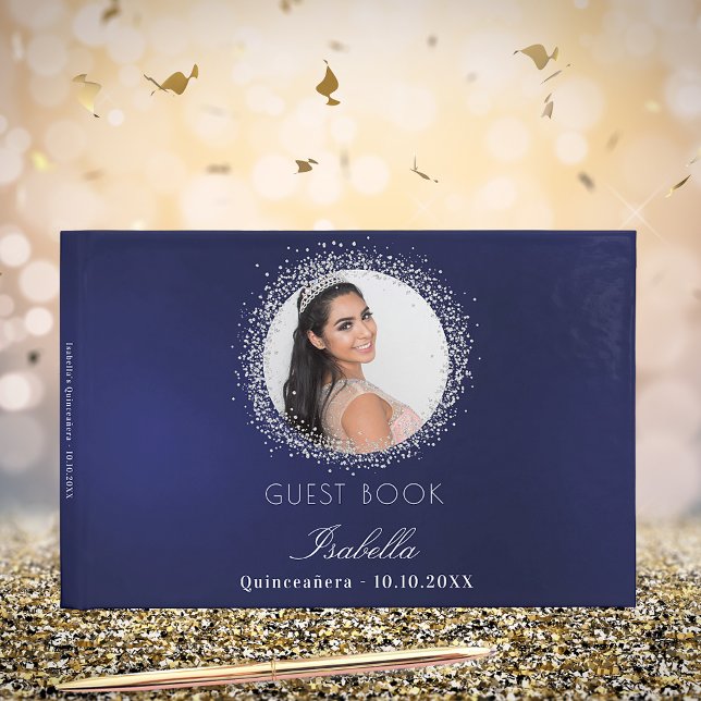 Quinceanera navy blue silver photo glamourous guest book (Creator Uploaded)