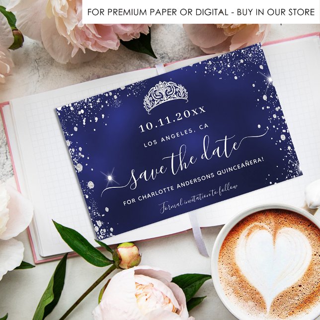 Quinceanera navy blue silver save date card (Creator Uploaded)