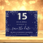 Quinceanera navy blue silver save the date announcement postcard<br><div class="desc">A trendy Save the Date for a Quinceañera, 15th birthday party. A navy blue background decorated with faux silver glitter, sparkles. The blue colour is uneven. Personalise and add a date and name/age. The text: Save the Date is written with a large trendy hand lettered style script. Number 15 with...</div>