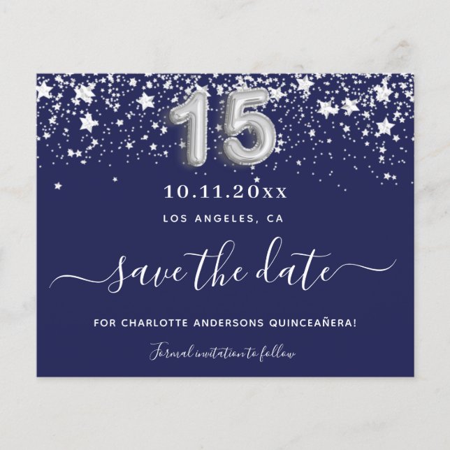 Quinceanera navy blue silver star save date budget flyer (Front)