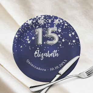 Quinceanera navy blue silver stars paper plate