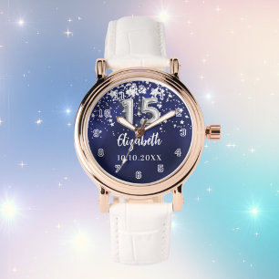 Quinceanera navy blue silver stars watch