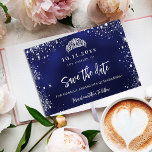 Quinceanera navy blue silver tiara save the date announcement postcard<br><div class="desc">A girly and trendy Save the Date card for a Quinceañera,  15th birthday party. A navy blue uneven coloured background. Decorated with faux silver glitter dust and a tiara,  crown. The text: Save the Date is written with a large trendy hand lettered style script.</div>