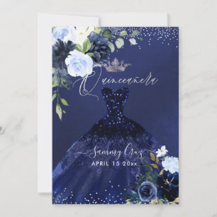 Quinceanera Navy Blue Watercolor Dress Invitation