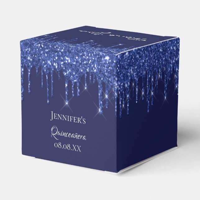 Quinceanera navy blue white glitter thank you favour box (Back Side)