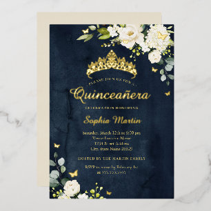 Quinceanera Navy Champagne Floral Gold