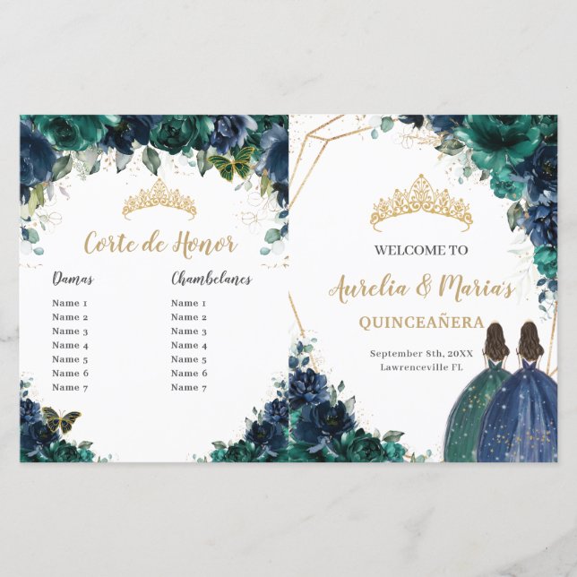 Quinceañera Navy Emerald Floral Budget Program (Front)