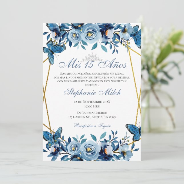 Quinceanera Navy Floral Invitation Butterflies (Standing Front)