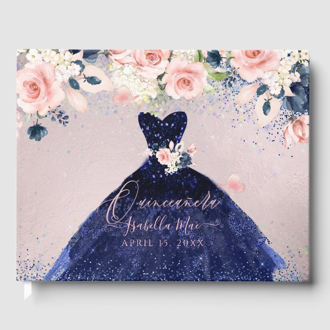 Quinceanera Navy Glitter Gown Blush Roses Guest Book (Front)