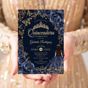 Quinceanera Navy Gold Butterflies Roses Invitation