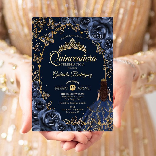 Quinceanera Navy Gold Butterflies Roses Invitation (Creator Uploaded)