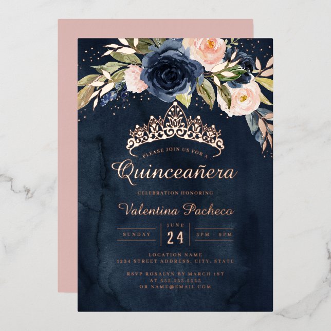 Quinceanera Navy Pink Rose Gold Floral  (Front/Back)