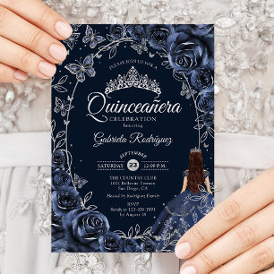 Quinceanera Navy Silver Butterflies Roses Invitation