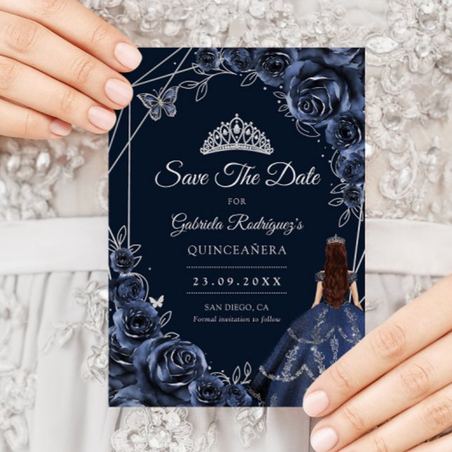 Quinceanera Navy Silver Butterflies Roses Save The Date (Creator Uploaded)