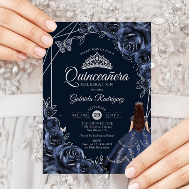 Quinceanera Navy Silver Butterfly Dress Floral Invitation (Creator Uploaded)