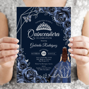 Quinceanera Navy Silver Butterfly Dress Floral Invitation
