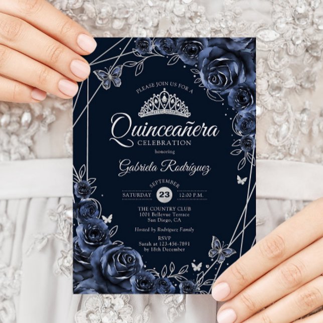 Quinceanera Navy Silver Floral Invitation (Creator Uploaded)