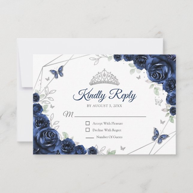 Quinceanera Navy Silver Floral Reply RSVP Card (Front)