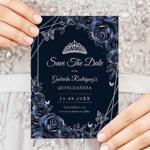Quinceanera Navy Silver Floral Save The Date