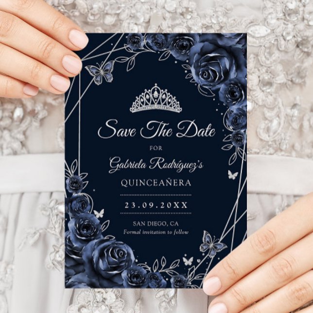 Quinceanera Navy Silver Floral Save The Date (Creator Uploaded)