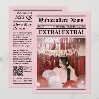 Quinceanera Newspaper Elegant Modern Photo QR Code Invitation