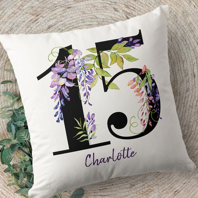 Quinceanera Number 15 Purple Wisteria Flowers Cushion (15th Birthday gift pillow from my Purple Wisteria Quinceanera Collection)