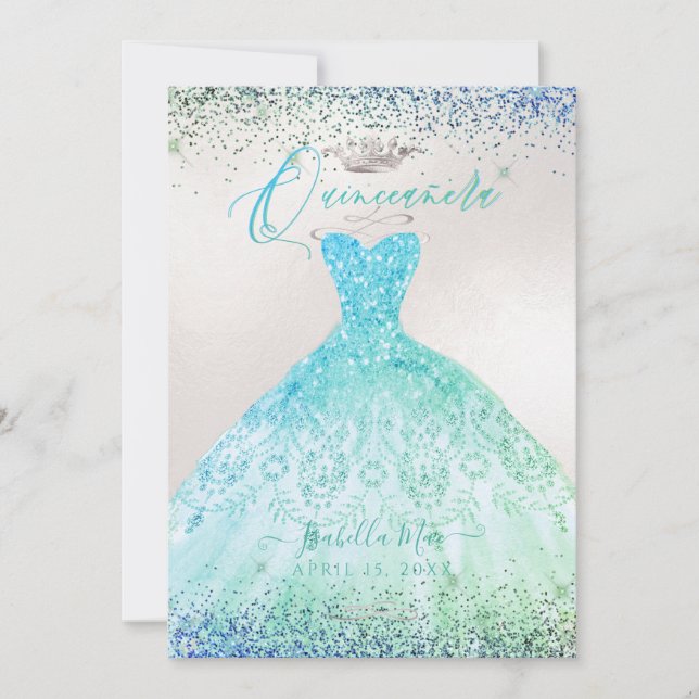Quinceanera Ombre Aqua Green Glitter Gown Invitation (Front)