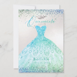 Quinceanera Ombre Aqua Green Glitter Gown Invitation
