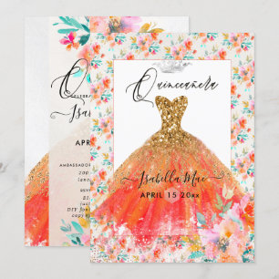 Quinceanera Orange Sparkle Gown Watercolor Flowers Invitation