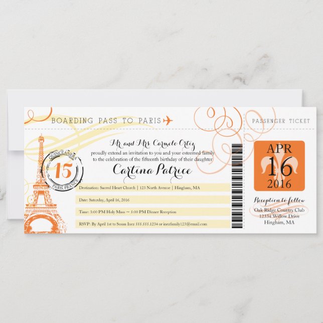 Quinceanera Orange & Yellow Paris Boarding Pass Invitation (Front)
