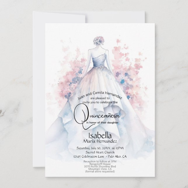 Quinceañera | Pale Blue Gown Pink Flowers Invitation (Front)