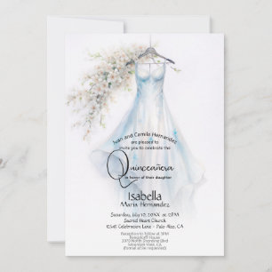 Quinceañera   Pale Blue Gown White Blossoms Invitation