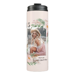 Quinceañera pale pink girly floral photo birthday thermal tumbler