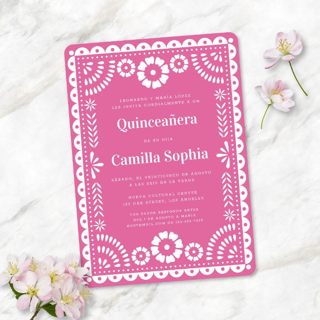 Quinceañera Papel Picado Elegant Bright Pink Invitation (Creator Uploaded)