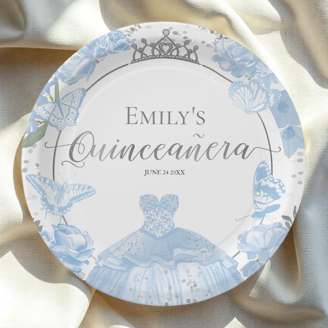 Quinceanera Paper Plates Dusty Blue Dress Floral (Creator Uploaded)
