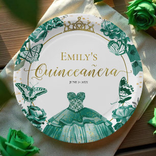 Quinceanera Paper Plates Emerald Green Dress