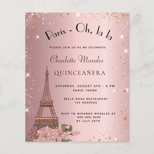 Quinceanera Paris blush pink budget invitation Flyer (Front)