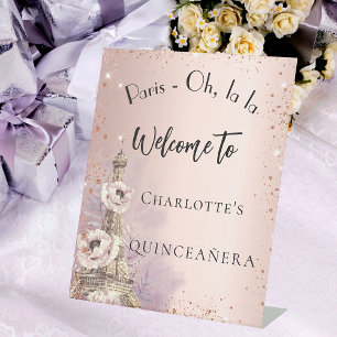 Quinceanera Paris eiffel tower rose gold welcome Pedestal Sign