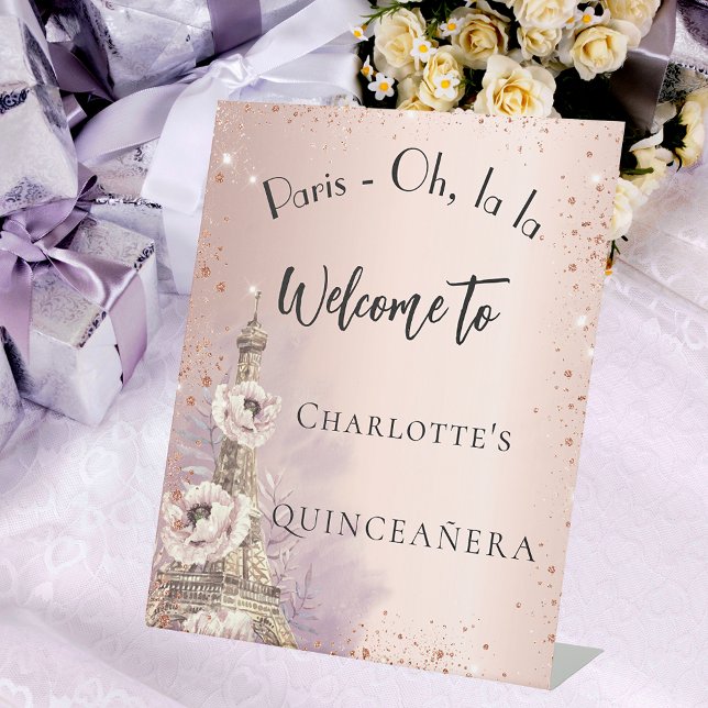 Quinceanera Paris eiffel tower rose gold welcome Pedestal Sign (Creator Uploaded)