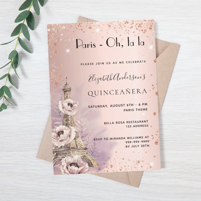 Quinceanera Paris rose gold Eiffel tower Invitation (Creator Uploaded)