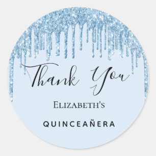 Quinceanera party baby blue glitter Thank You  Classic Round Sticker