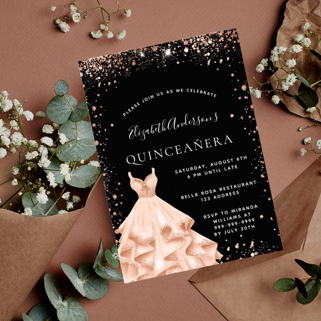 Quinceanera party black rose gold glitter dress invitation (Creator Uploaded)