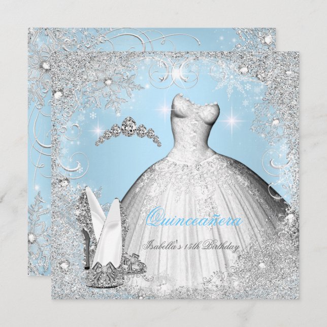 Quinceanera Party Blue Silver Snowflakes Invitation (Front/Back)